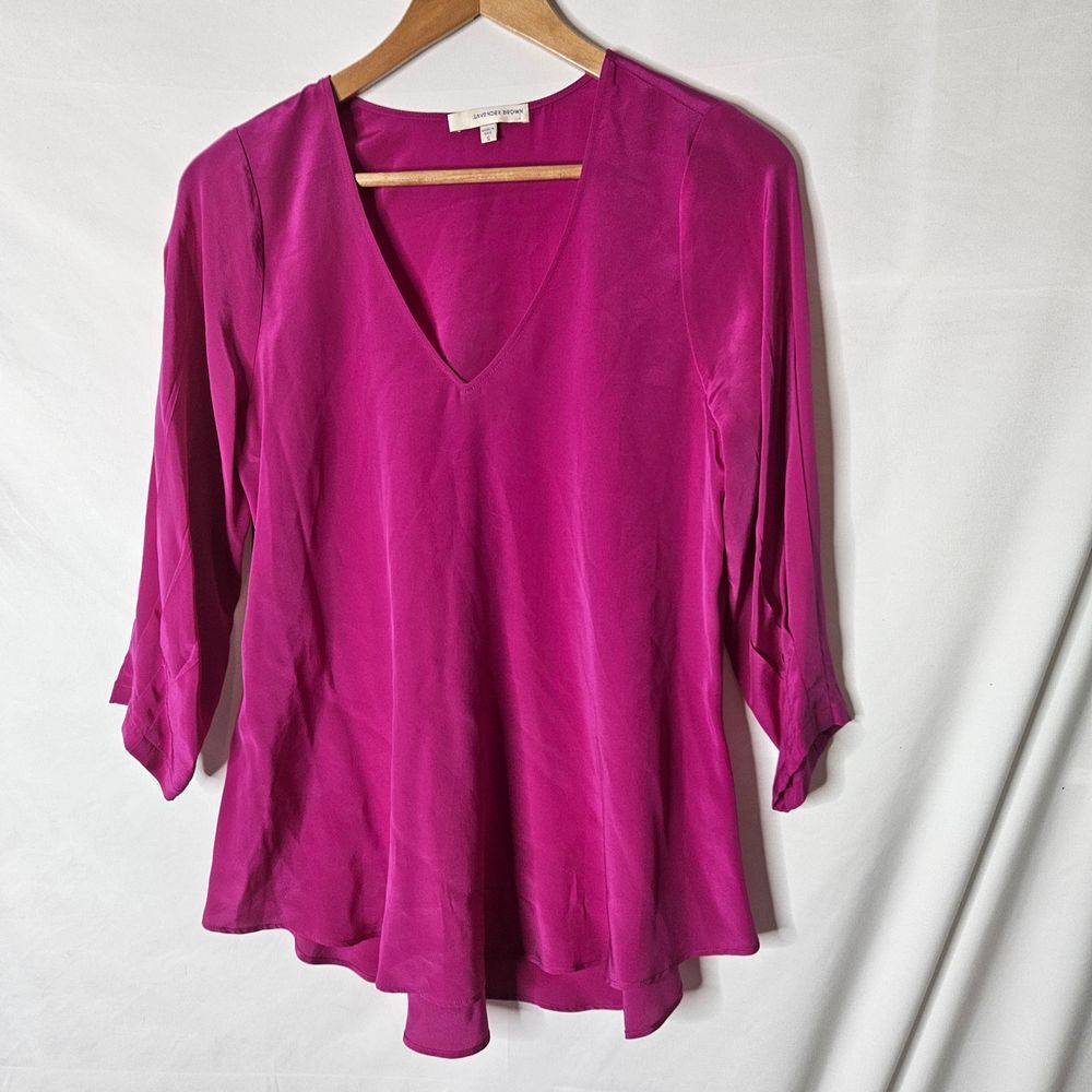 Lavender Brown 100% Silk V-neck Blouse Size S